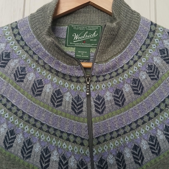 Woolrich Merino Wool Blend Fairisle Light Sweater Zip Cardigan Gray Size Medium - Picture 3 of 6